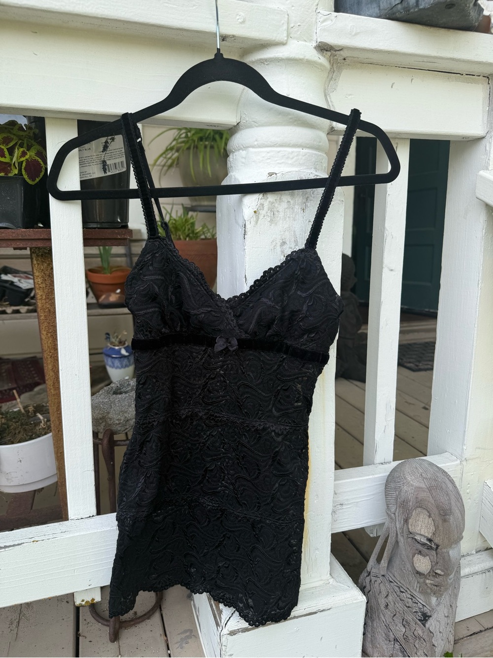 Vintage Bebe Y2K Black Lace Velvet Trim with Bow Camisole Top Cami XS